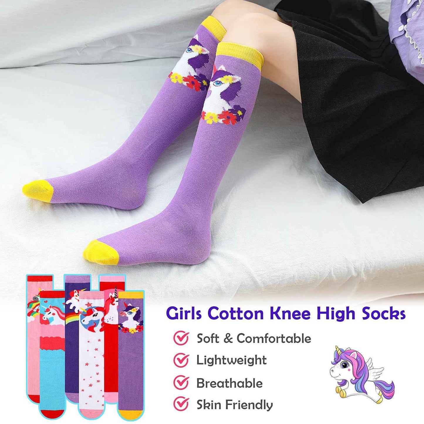 PHOGARY 6 Pairs of Knee Socks for Girls, Cute Socks Colourful Socks Children, Warm Knee Socks Children, Medium Calf Length, Long Knee Socks Girls from 3 to 12 Years, One Size