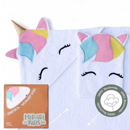 MIRARI Kids Babyhandtuch mit Kapuze und Waschlappen 100x100 cm – Handtuch Rentier aus 100% Baumwolle - REH Badetuch mit Kapuze - Geschenk Geburt - Baby Erstausstattung Neugeborenen Set