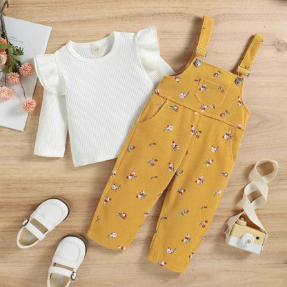 Baby Girls' Clothing Ribbed Knit Long Sleeve Tops Floral Pattern Braces Trousers with Pocket Outfits Sets
