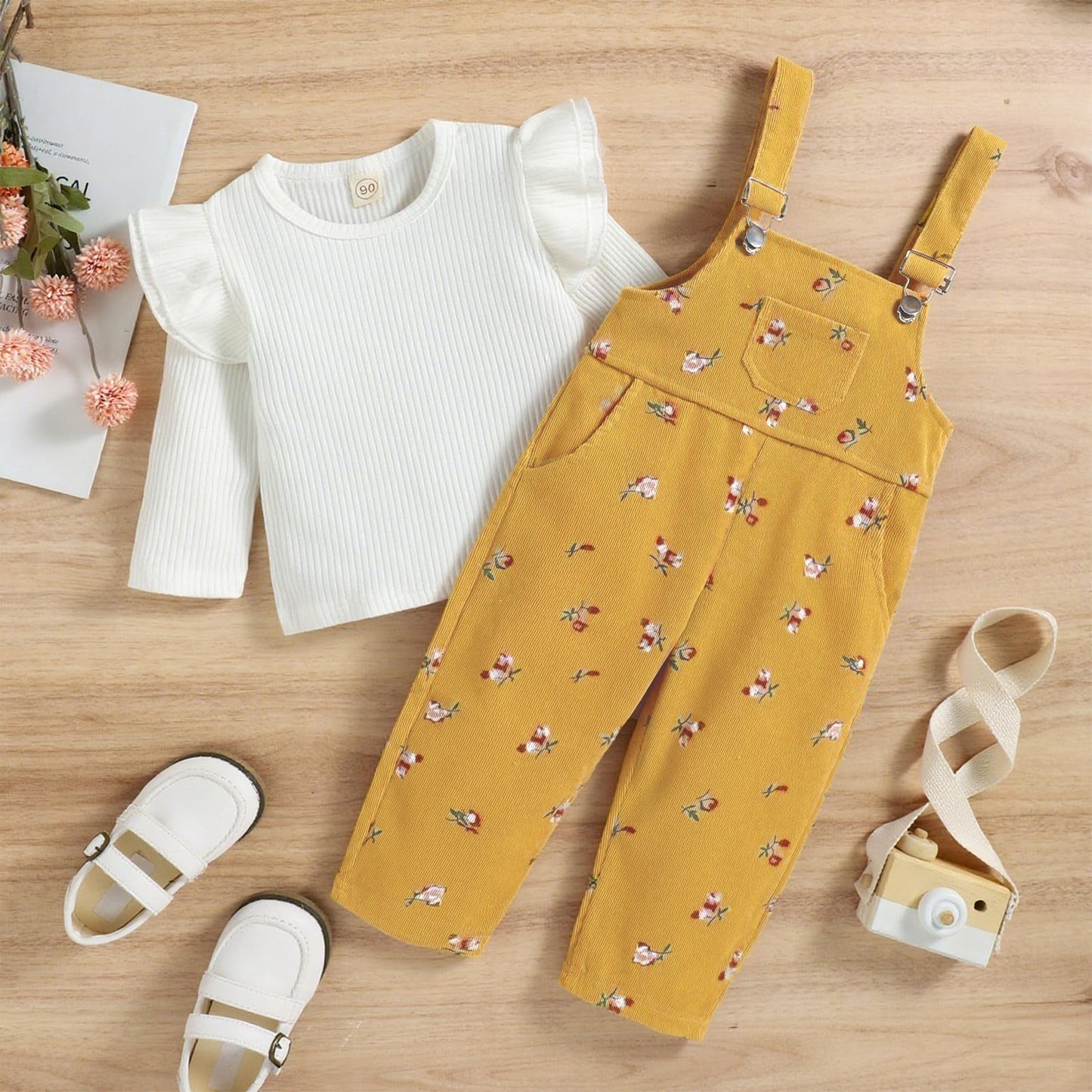 Baby Mädchen Kleidung gerippte Stricken Langarm Tops Blumenmuster Hosenträger Hosen mit Tasche Outfits Sets