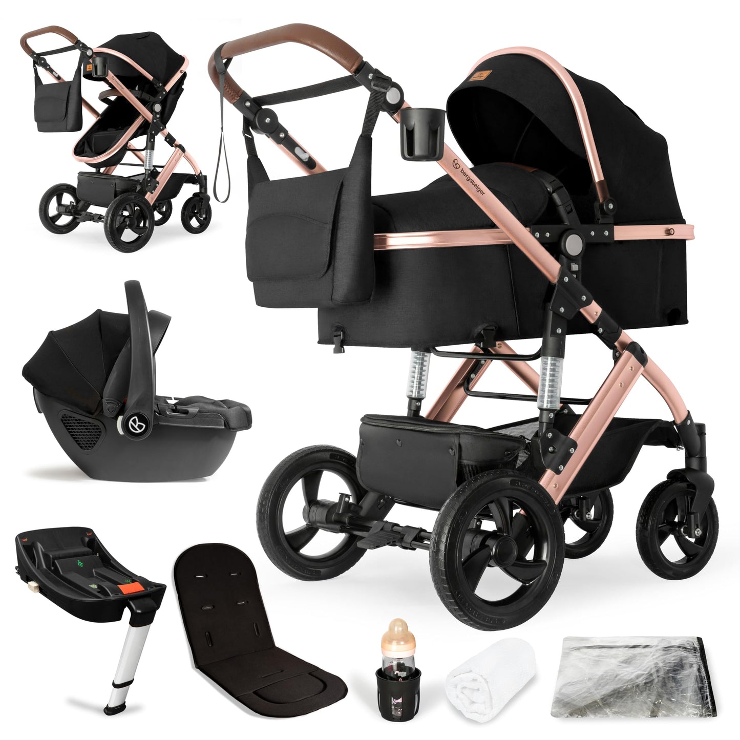 Bergsteiger Nizza 3 in 1 Kinderwagen, Kombikinderwagen Komplettset, Auto-Babyschale & Isofix Station, Babywanne & Buggy Sportsitz inklusive