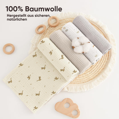 Bearmoss Moltontücher Baby 100% Baumwolle Weiche Spucktücher Baby,Atmungsaktiv und Extrem Saugfähig Musselin Tuch für Saugstark Mulltücher 4er 60x60cm (Brauner Druck)