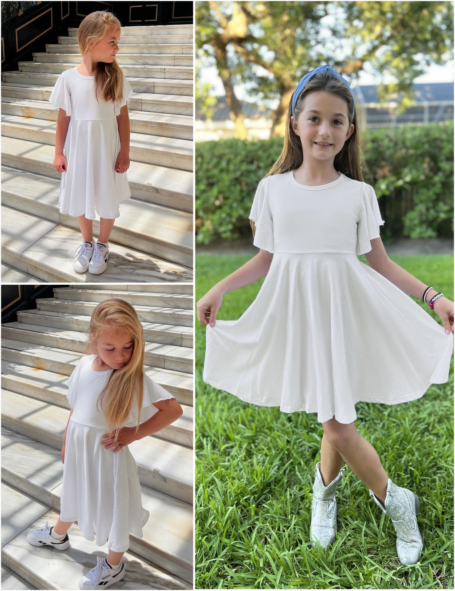 Arshiner Kleider für Mädchen Schmetterlingsärmel Kleid Kinder A-Line Swing Kleid Rundhals Sommerkleid Baumwollekleid Festlich Partykleid Hochzeit Lässige Kinderkleidung mit Tasche