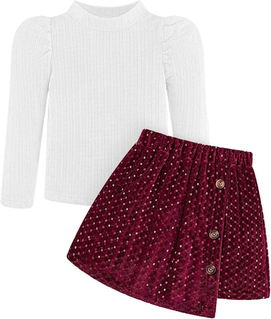 Bkixhv Baby Girls Clothes, Toddler Girls Skirt Set, Autumn Outfits, Long Puff Sleeves, Tops and Sequin Mini Skirt