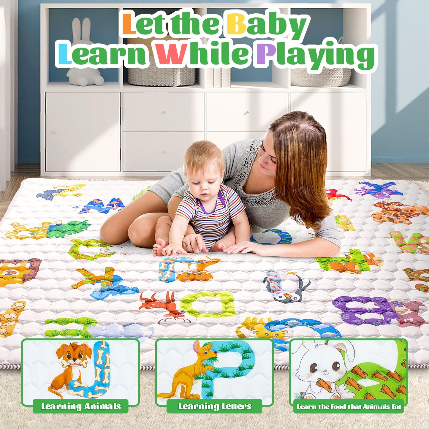 Funsland crawling carpet for babies, non-slip baby play mat, non-toxic 127x127cm, cotton animal crawling mat for babies, foldable with a height ruler, children's play mat for indoors/outdoors/fences 