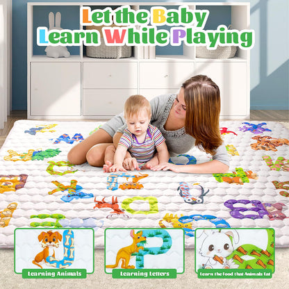 Funsland Krabbelteppich für Baby, Rutschfeste Baby Spielmatte Schadstofffrei 127x127cm, Baumwolle Tier Krabbelmatte Baby Faltbar mit Einem Höhenlineal, Kinder Spielmatte für Innen/Außen/Zaun