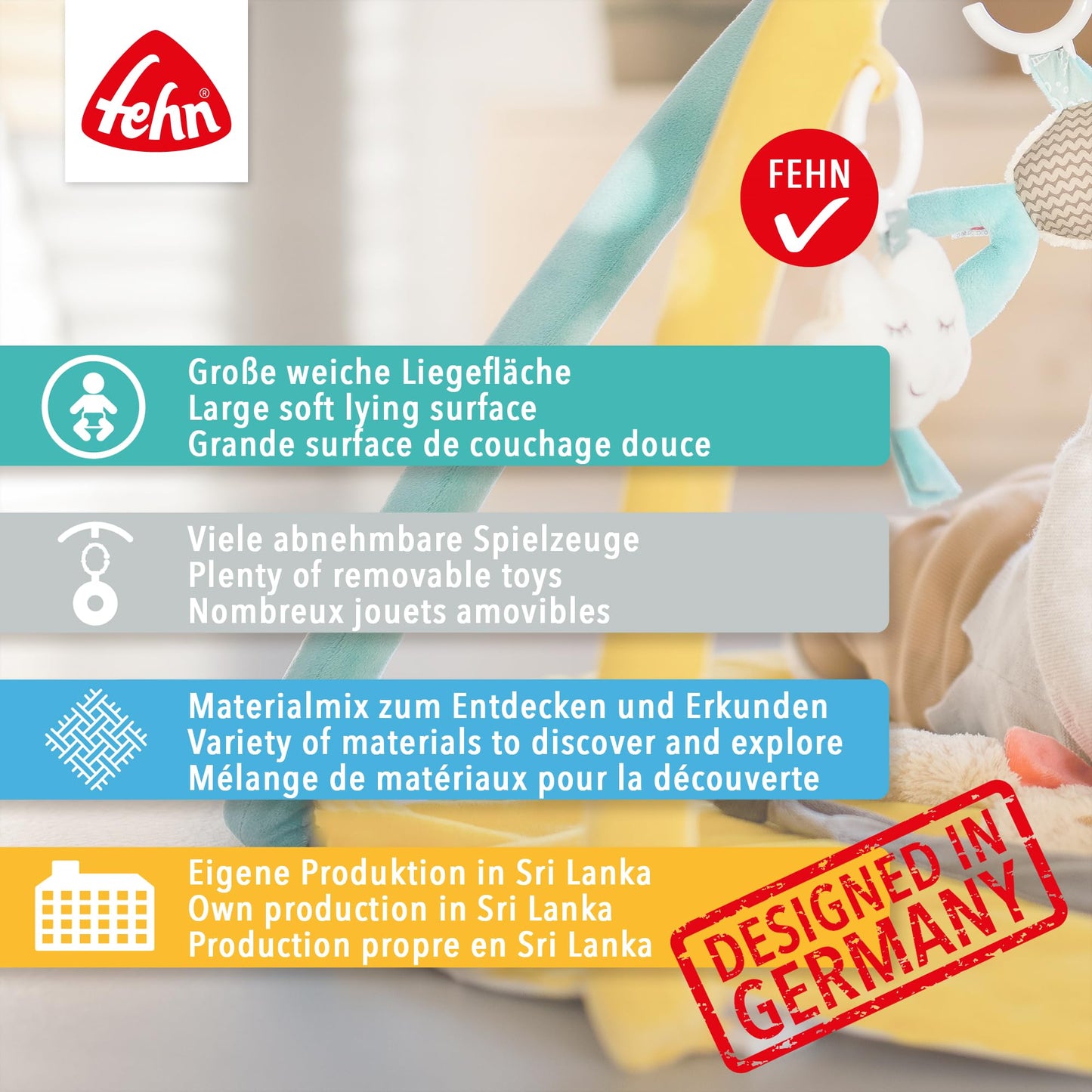 Fehn 3-D-Activity-Decke Spielbogen Peru – Baby Krabbeldecke mit 5 abnehmbaren Spielzeugen zum Greifen – Spieldecke für Babys und Kinder ab 0+ Monaten – Krabbelmatte als Geschenk zur Geburt