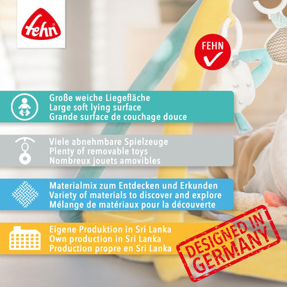 Fehn 3-D-Activity-Decke Spielbogen Peru – Baby Krabbeldecke mit 5 abnehmbaren Spielzeugen zum Greifen – Spieldecke für Babys und Kinder ab 0+ Monaten – Krabbelmatte als Geschenk zur Geburt