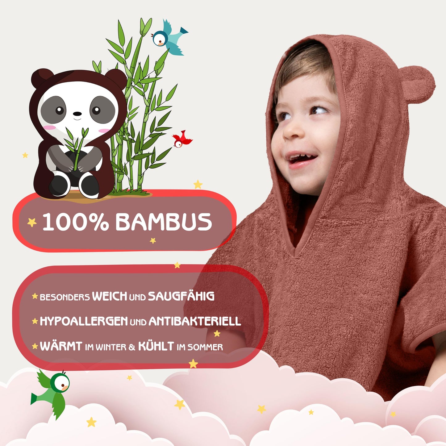 Fuchs&Panda® Badeponcho Kinder EXTRA warm, weich & kuschelig (100% Bambus) | Badeponcho Baby | Handtuch Poncho Kinder mit toller Geschenkverpackung (Kupfer-grün)