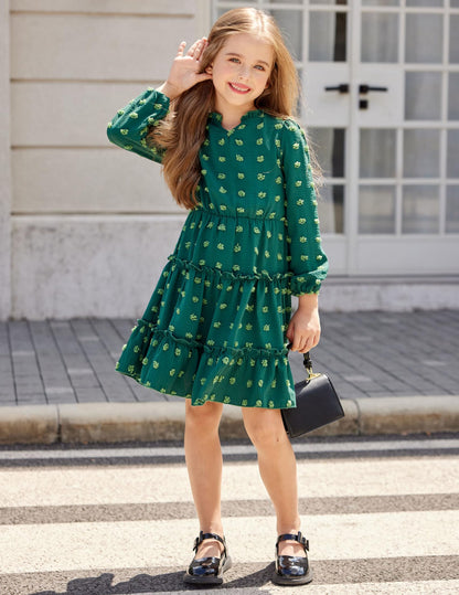Arshiner Dress Girls Festive Flounce V-Neck Long Sleeve Dress Swiss Dot Chiffon Dress Children Tiered Dress A-Line Party Dress Wedding Princess Dress Swing Skater Dress 5-12 Years 