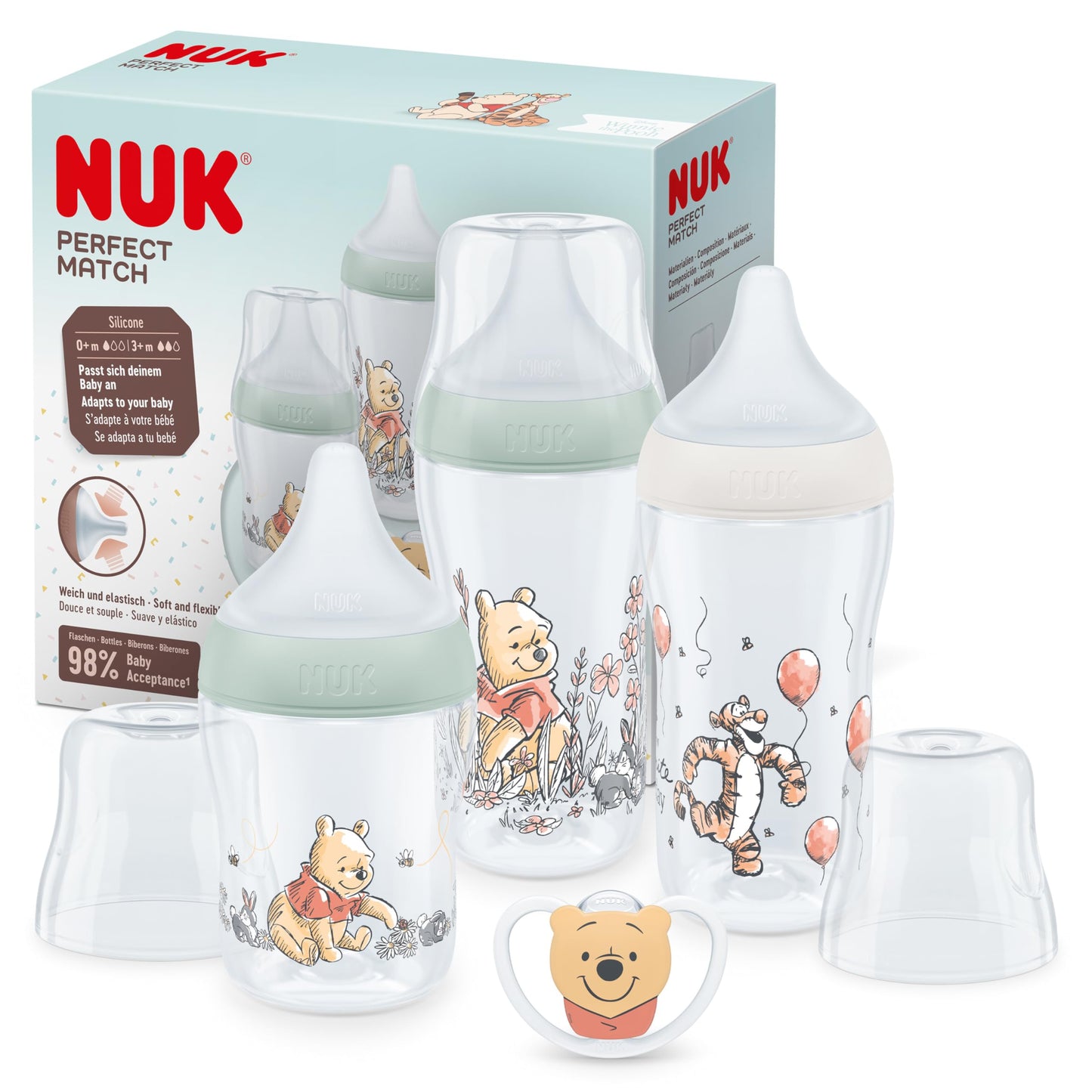NUK First Choice+ Babyflaschen Starter Set | 0–6 Monate | 4 Flaschen mit Temperature Control & Flaschenbox | Anti-Colic Air System | BPA-frei | Disney Winnie Puuh - Meloni2