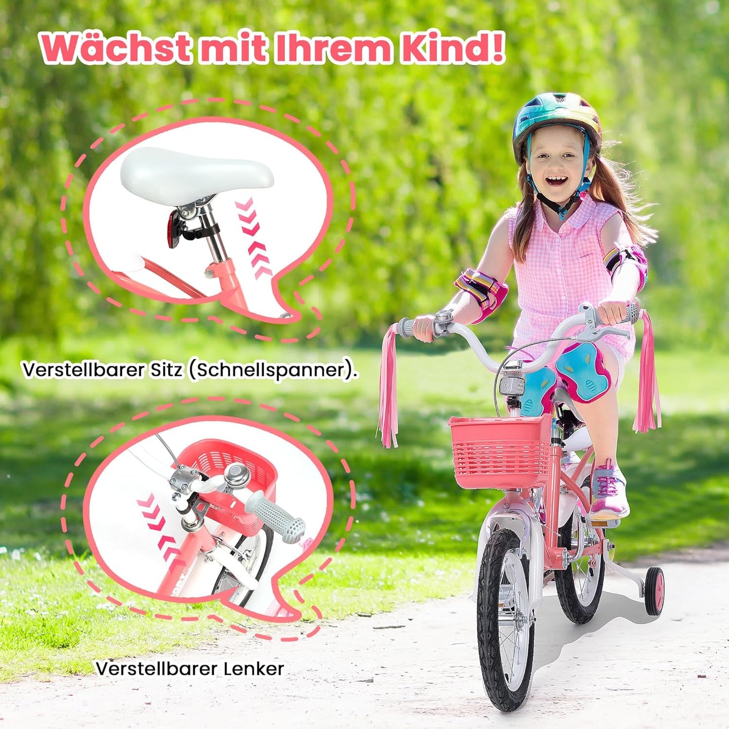 BODIOO 14 Zoll Kinderfahrrad Fahrrad für Mädchenmit und Jungen Stützrädern & verstellbarem Sattelfür Spielrad mit Korb & Klingel Fahrer von 94 bis 107 cm-Rosa - Meloni2