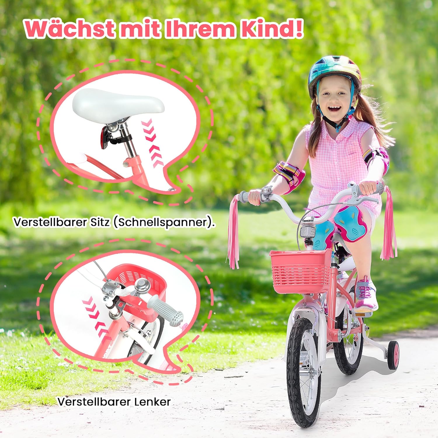 BODIOO 14 Zoll Kinderfahrrad Fahrrad für Mädchenmit und Jungen Stützrädern & verstellbarem Sattelfür Spielrad mit Korb & Klingel Fahrer von 94 bis 107 cm-Rosa - Meloni2