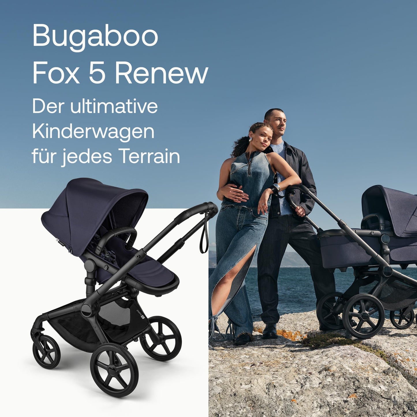 Bugaboo Fox 5, 2-in-1 Kinderwagen für jedes Gelände, mit Liegewanne und ausziehbarem Kleinkindsitz, einfach zu manövrieren und Ein-Hand Faltung, Fahrgestell in Schwarz und Sonnendach in Forest Green