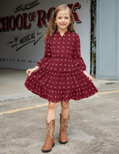 Arshiner Dress Girls Festive Flounce V-Neck Long Sleeve Dress Swiss Dot Chiffon Dress Children Tiered Dress A-Line Party Dress Wedding Princess Dress Swing Skater Dress 5-12 Years 