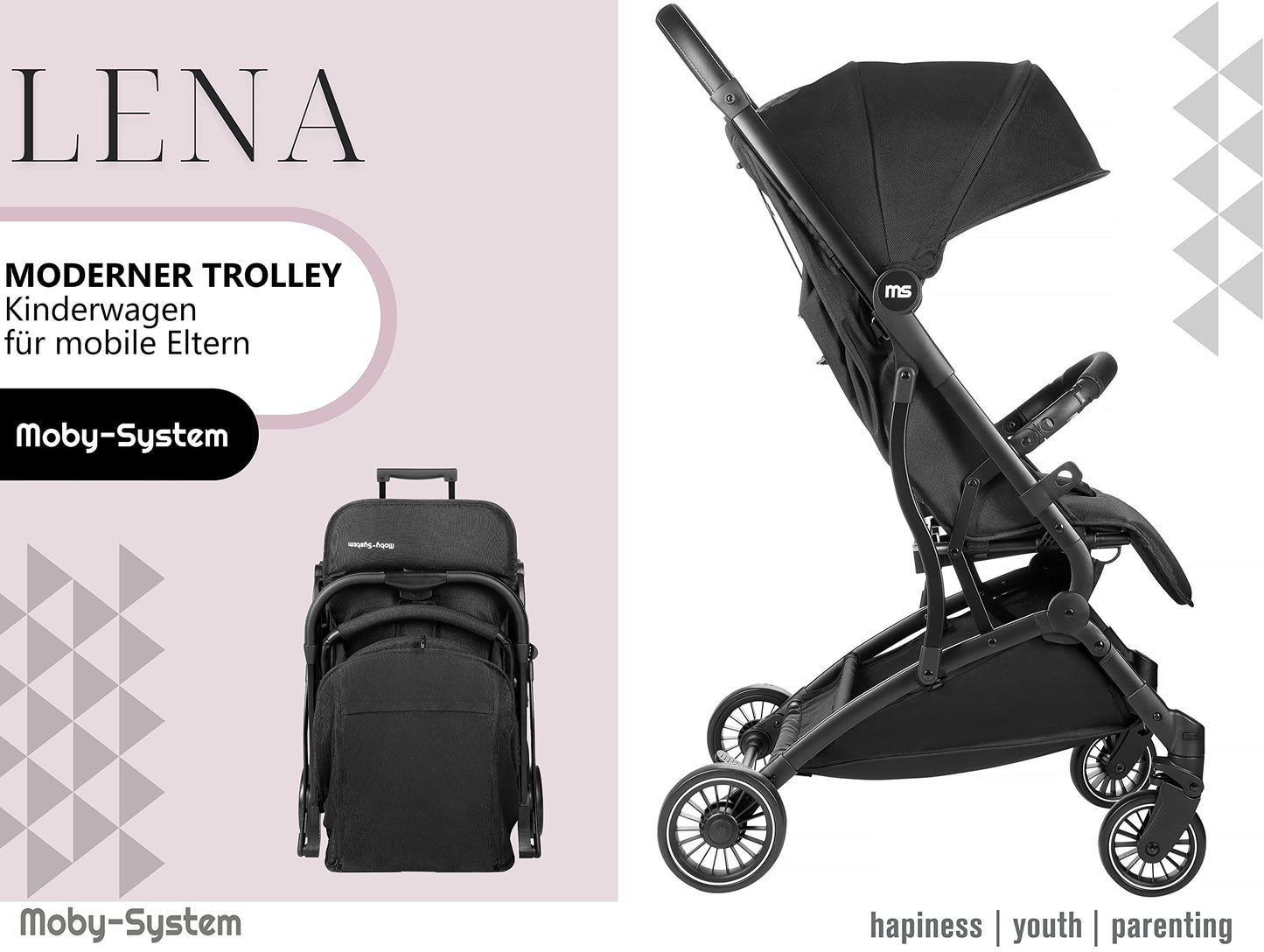 Moby-System, Buggy, superleicht und kompakt, bis 14 kg, verstellbare Rückenlehne, Doppelräder, schwenkbare Schaumstoffräder, faltbar, mit Sonnendach – idealer Kinderwagen für Spaziergänge, grau