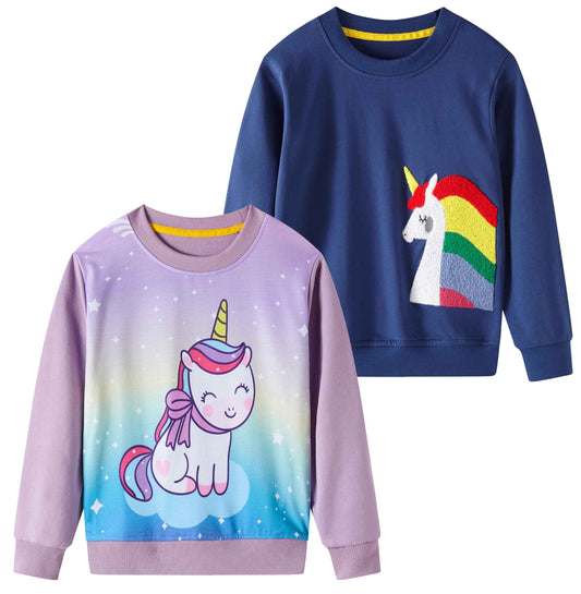 SOIBEEN Girls' Sweatshirt Adorable Children's Pullover 2-Pack Unicorn Top Shirt Pullover Pullover Crew Neck Long Sleeve Casual Wear Spring Autumn Cotton Hoodie 1-10 Years