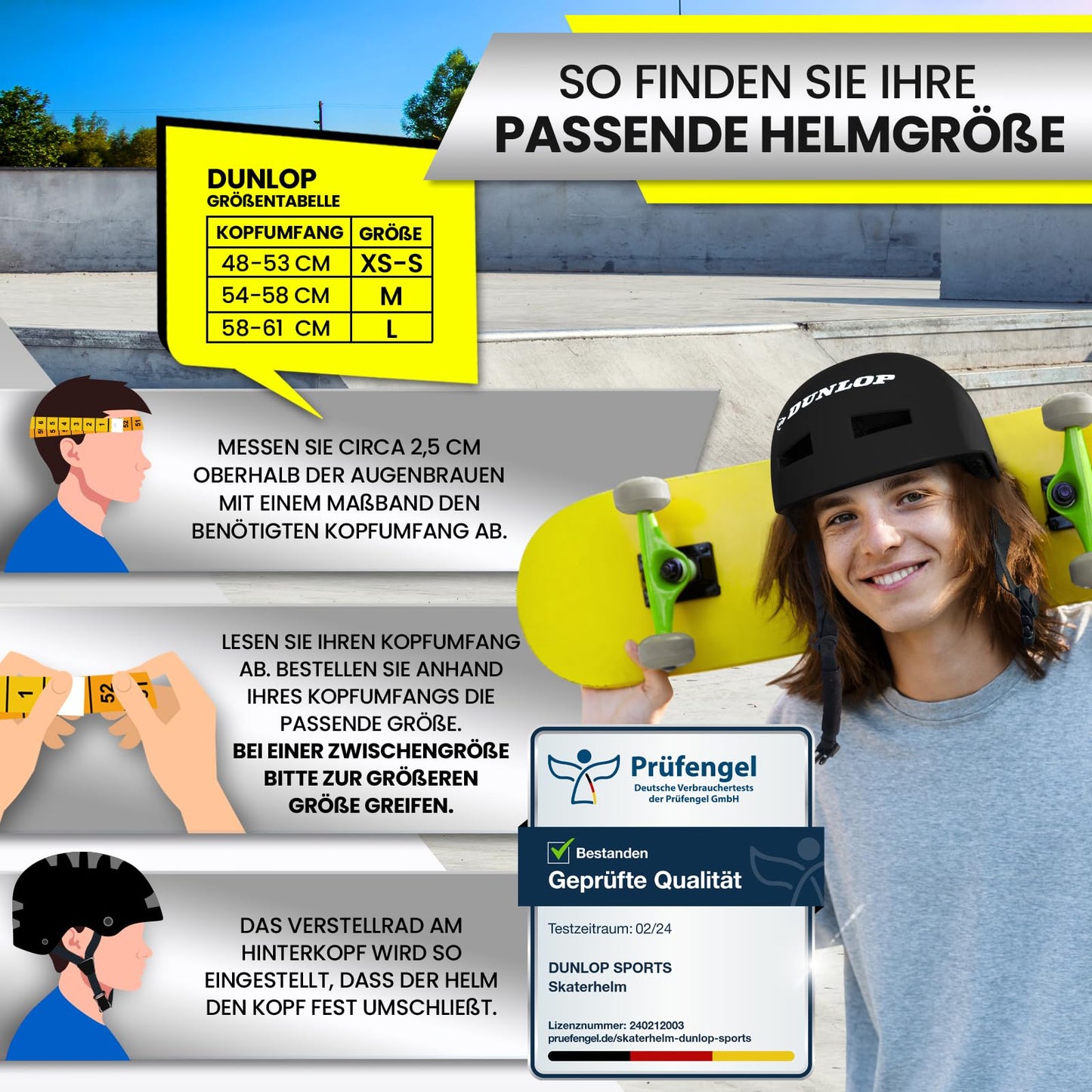 DUNLOP SPORTS Fahrradhelm Kinder Jugendliche Erwachsene - Test Sehr Gut - Leichter robuster Urban Allrounder Helm, 14 Fach belüftet, Schnellverschluss, Auto Kopfanpassung