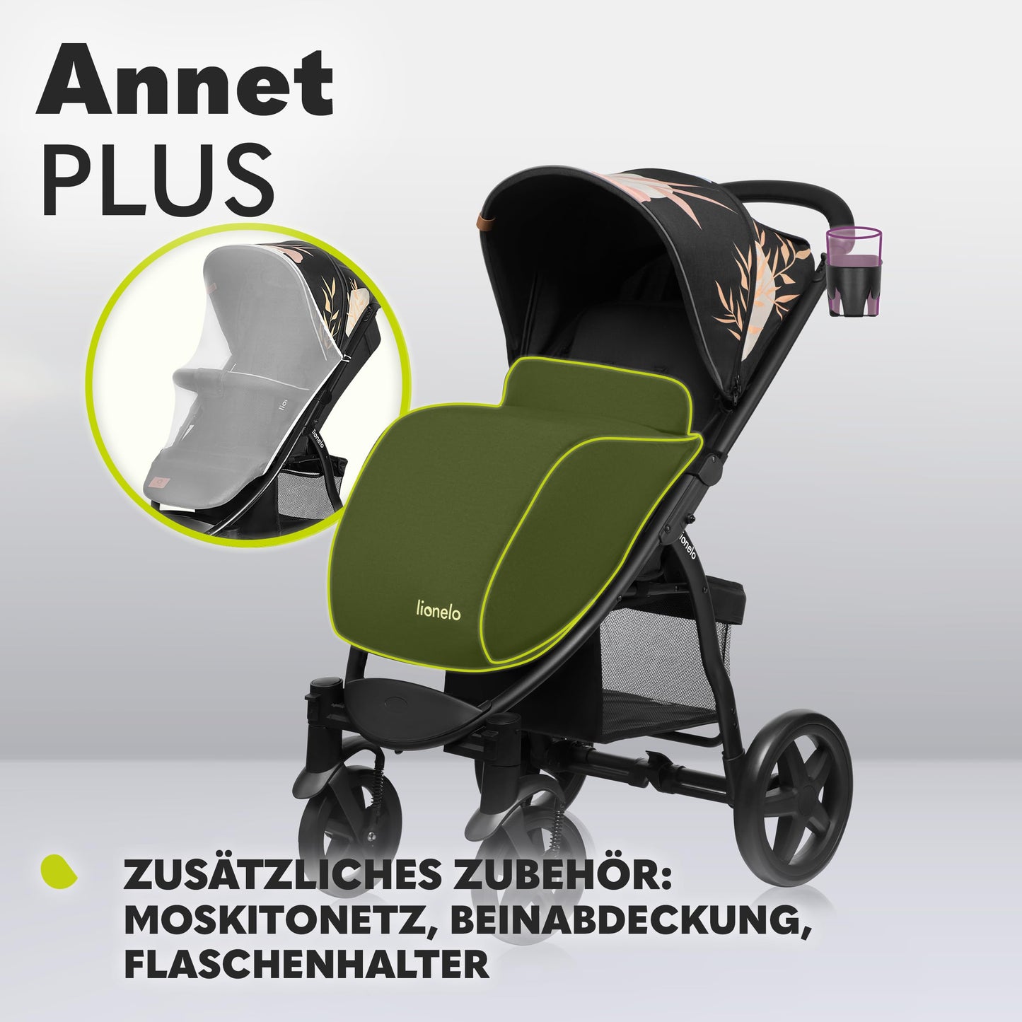 LIONELO Annet Plus Buggy up to 22 kg with Reclining Function, Small Folding Pushchair with Accessories, EVA Foam Wheels, Mosquito Net, Foot Cover Drink Holder, Basket Dreamin