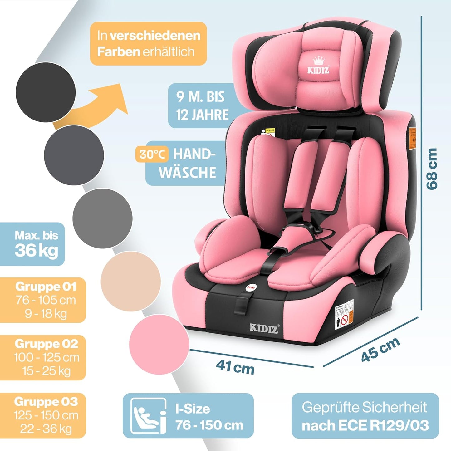 Autokindersitz mit Isofix i-Size R129 100-150cm bis 12 Jahre, Kinderautositz Gruppe 1/2/3, mitwachsender Kindersitz, 5-Punkt-Gurt & höhenverstellbare Kopfstütze, Sitzerhöhung Auto, Schwarz