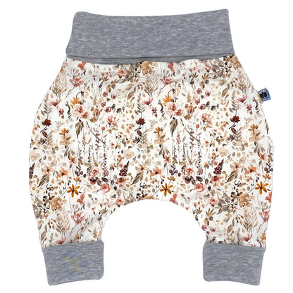 Baby Baggy Trousers, Girls' Handmade Cotton Jersey Grow Trousers, Sizes 50-74, 68-86, 92-104 (Wild Flowers, 50-74)