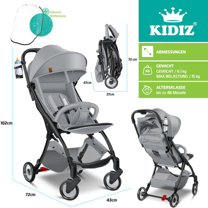 KIDIZ® Folding Pushchair, Sports Pram, 360° Wheels, 5-Point Harness, incl. Drinks Holder, Rain Cover, Adjustable Backrest and Sun Canopy, Red