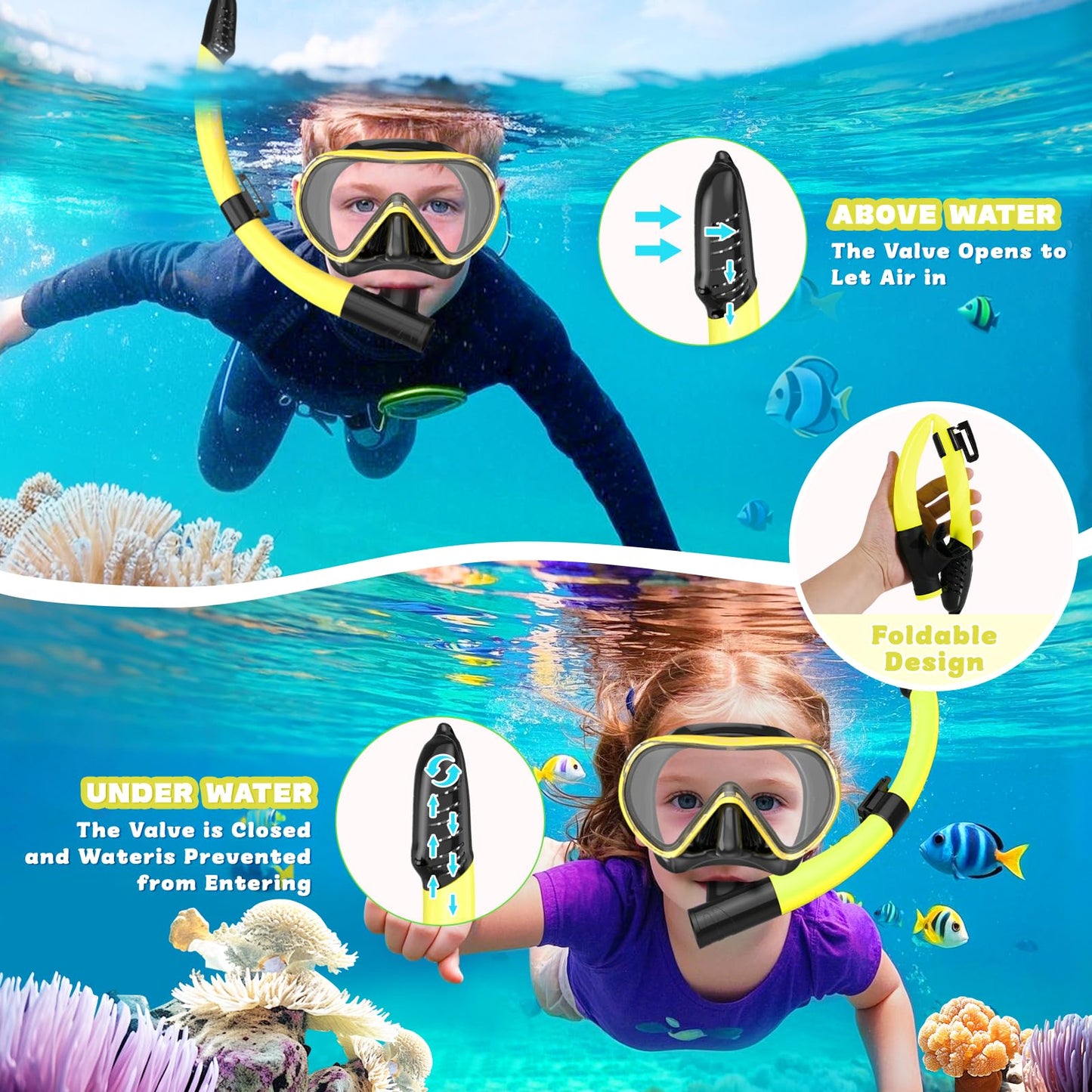 SkrekuiMa Taucherbrille Kinder | Schwimmbrille Kinder Schnorchelmaske Anti-Fog Anti-Leck | Tauchmaske Kinder 180°Panorama HD Tempered Glas für Kinder 4-12 Jahre Jungen Mädchen