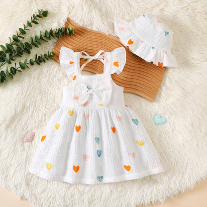 Kleinkind Baby Mädchen Sommer Kleid Outfit Rüschenärmel Herz/Blumenmuster Boho Kleider Niedliches Baby Sommerkleid mit Hut