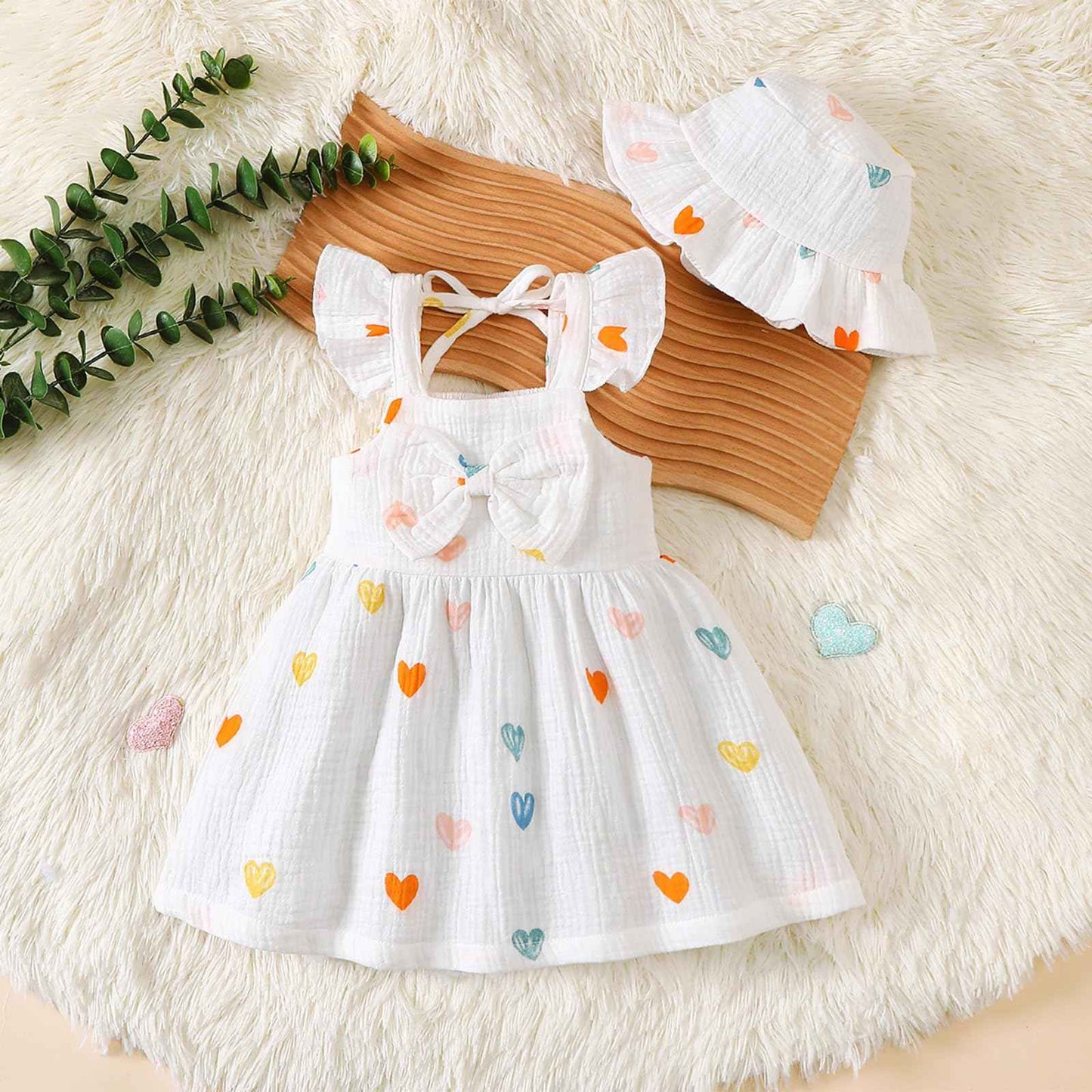 Kleinkind Baby Mädchen Sommer Kleid Outfit Rüschenärmel Herz/Blumenmuster Boho Kleider Niedliches Baby Sommerkleid mit Hut