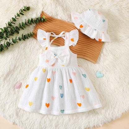 Kleinkind Baby Mädchen Sommer Kleid Outfit Rüschenärmel Herz/Blumenmuster Boho Kleider Niedliches Baby Sommerkleid mit Hut