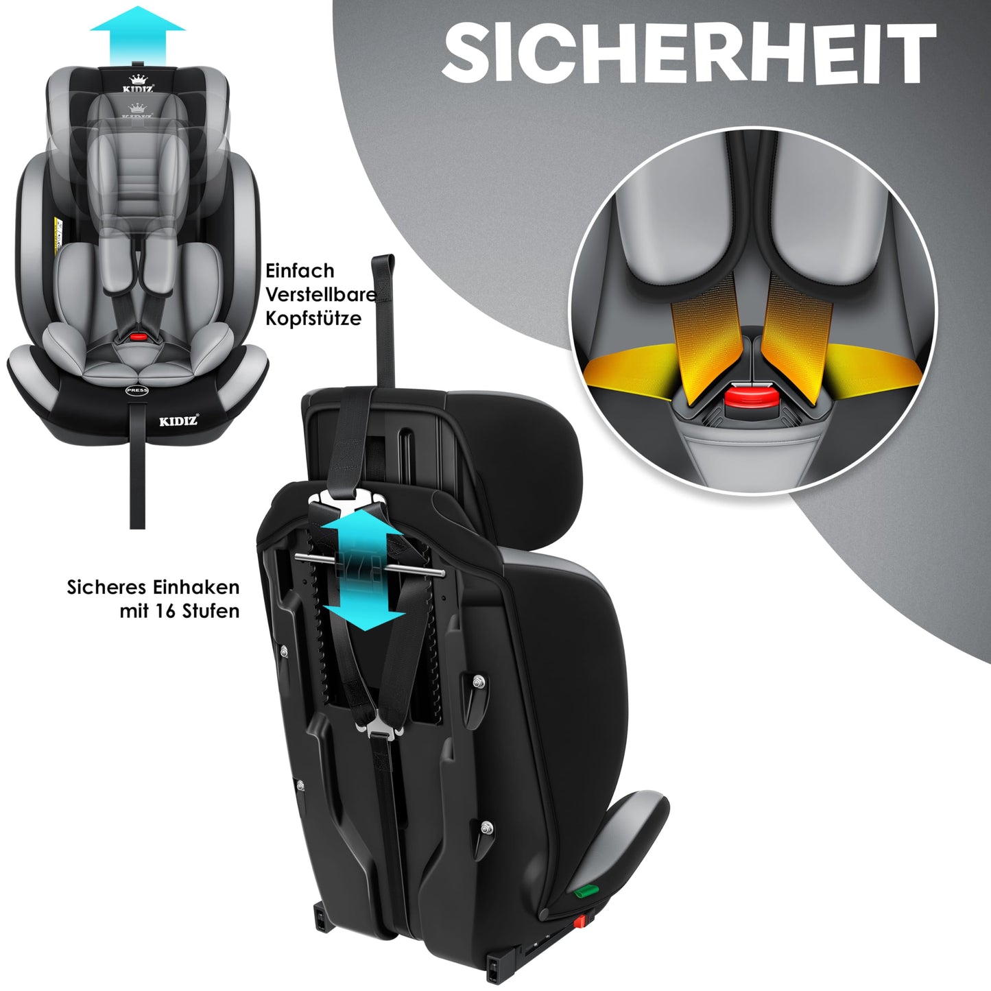 KIDIZ® Autokindersitz Kinderautositz Gruppe 1+2+3 9-36 kg 5-Punkt-Sicherheitsgurt, Autositz, Kindersitz, Einstellbare Kopfstütze, Mitwachsende Sitzerhöhung 1-12 Jahre, Stabil und Sicher