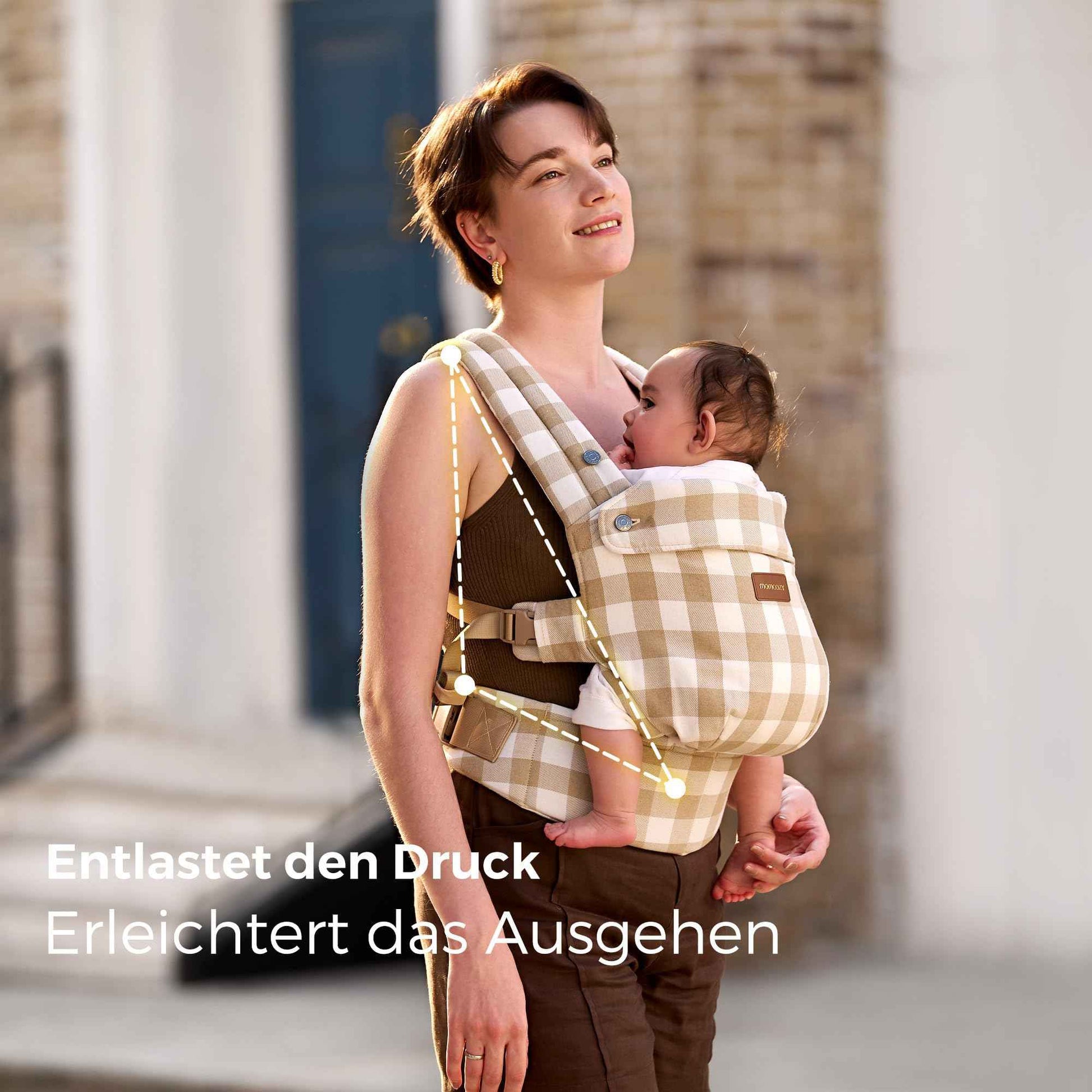 Momcozy Babytrage aus 100% Baumwolle – Baby Carrier für Kleinkind (3-24 Monate, 3,2-20 kg) · Ergonomische M-Position · X-Rücken · Taillengurt 64-127cm, Khaki