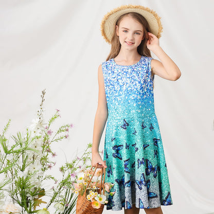 kids4ever Mädchen Kleid Ärmellos Sommerkleid Rundhals A-Linie Swing Kleid Meerjungfrau Galaxie Prinzessin Party Geburtstag 4-12 Jahre
