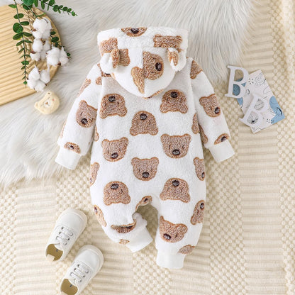Yanmucy Newborn Baby Winter Romper with Hood Cartoon Bear Baby Snowsuit Warm Fleece Zip Baby Girl Boy Jumpsuit 0-18 Months