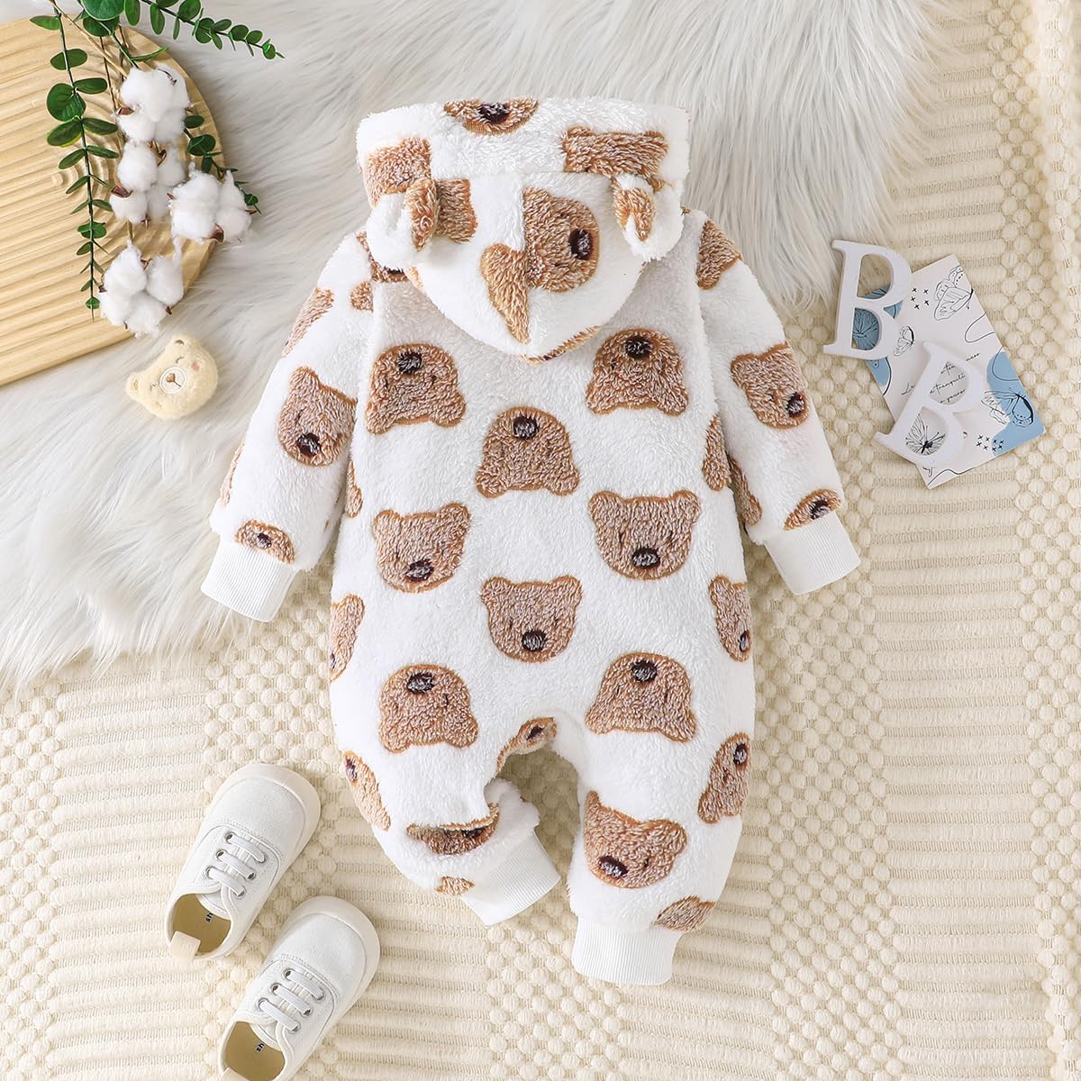 Yanmucy Newborn Baby Winter Romper with Hood Cartoon Bear Baby Snowsuit Warm Fleece Zip Baby Girl Boy Jumpsuit 0-18 Months