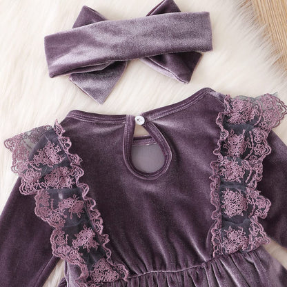 Baby Dress Girls Long Sleeve Lace A Line Princess Velvet Dress + Headband Wedding Festive Autumn Winter Clothing
