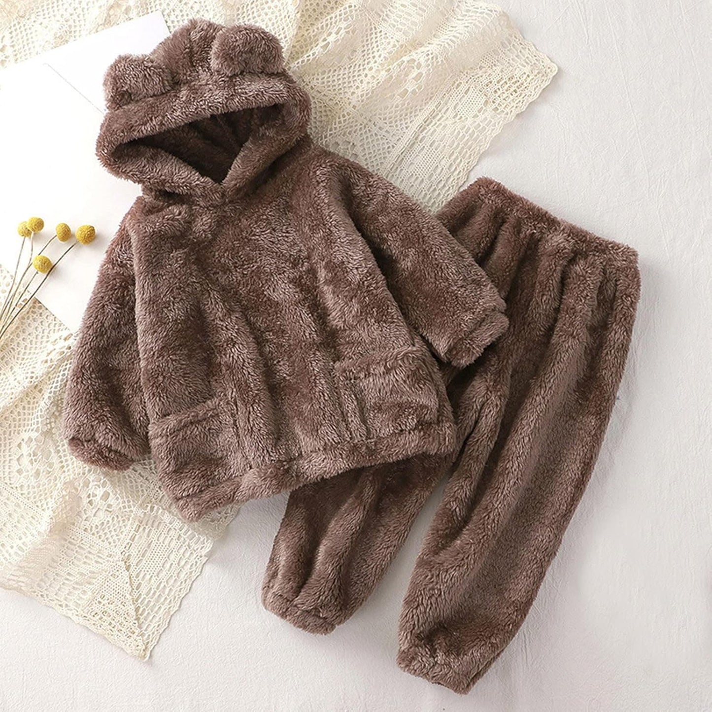 Fccrian Kleinkind Kinder Baby Mädchen Jungen Kleidung Winter Warm Kapuze Ohr Sweatshirt Tops und Hosen 2-teiliges Herbst-Outfits Pyjama Nachtwäsche Set Baby Pyjama einfarbig