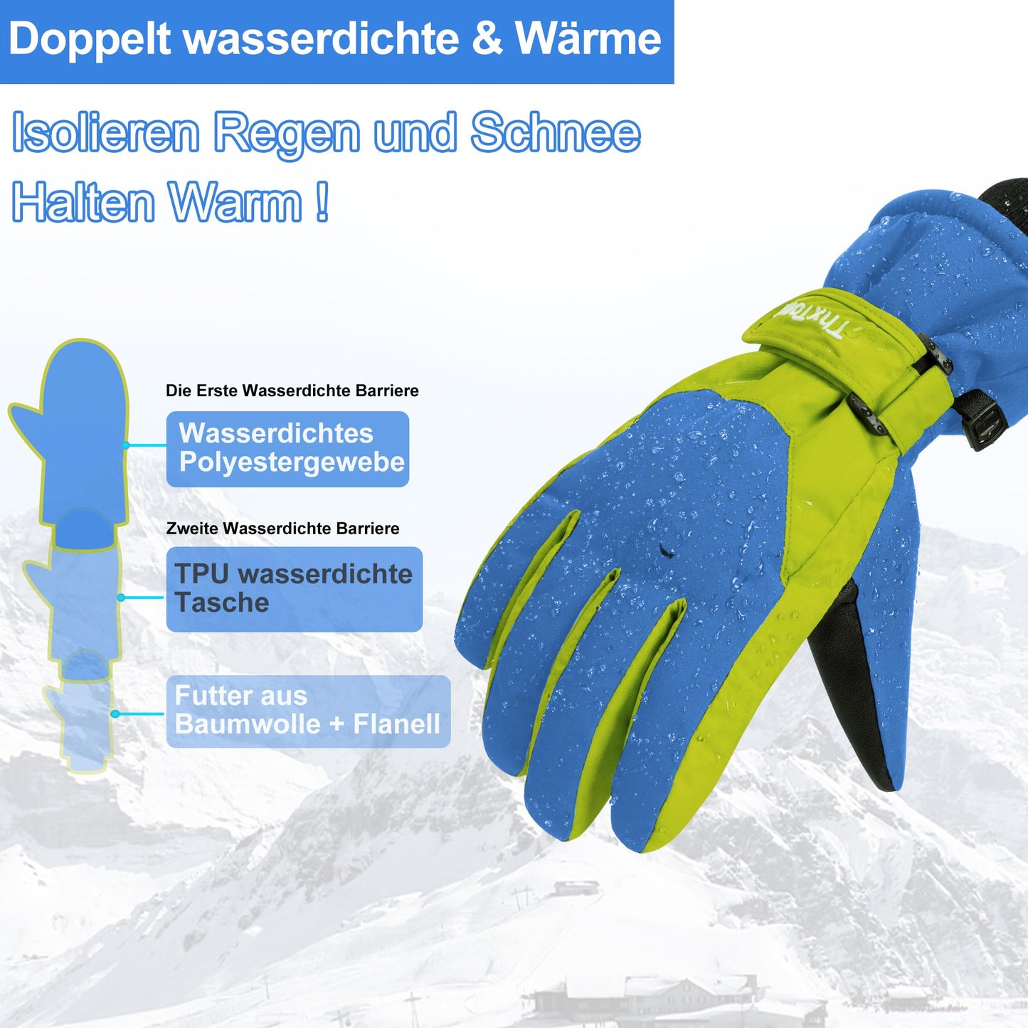 ThxToms Children's Ski Gloves, Winter Snow Ski Gloves, -15°C, Windproof, Waterproof, Warm, PU Thickened Cold Weather, Outdoor Sports, Snowboarding, Skiing, Bike, for Boys and Girls aged 3-13 Years Old