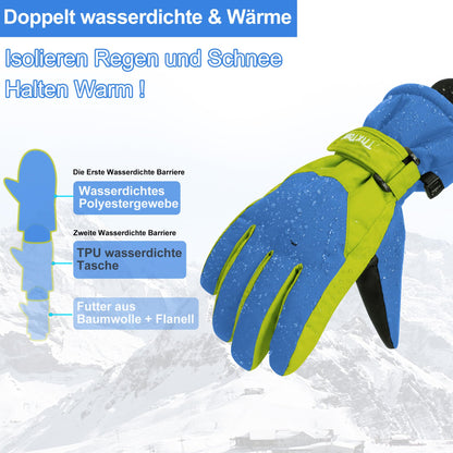 ThxToms Children's Ski Gloves, Winter Snow Ski Gloves, -15°C, Windproof, Waterproof, Warm, PU Thickened Cold Weather, Outdoor Sports, Snowboarding, Skiing, Bike, for Boys and Girls aged 3-13 Years Old
