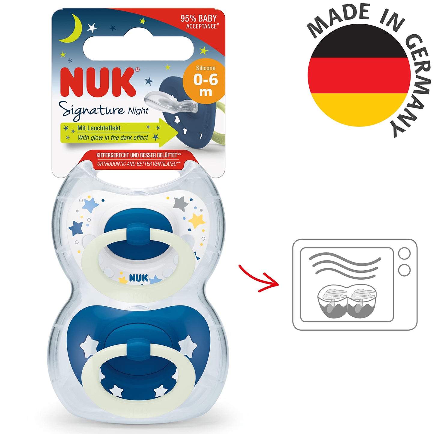NUK Signature Baby Pacifier | 0-6 Months | Soothes 95% of Babies | BPA Free Silicone Heart-Shaped Pacifier | With Case | Green Stars | Pack of 2