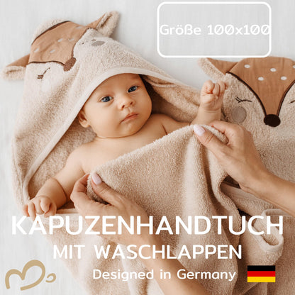 MIRARI Kids Babyhandtuch mit Kapuze und Waschlappen 100x100 cm – Handtuch Rentier aus 100% Baumwolle - REH Badetuch mit Kapuze - Geschenk Geburt - Baby Erstausstattung Neugeborenen Set