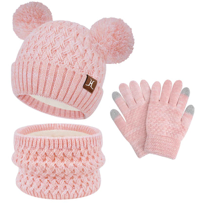 Children's Winter Hat Loop Scarf Touchscreen Gloves Set 2 3 4 5 6 7 Years Toddler Winter Hat Beanie Tube Scarf Knitted Pom Hats Gift Girls Boys