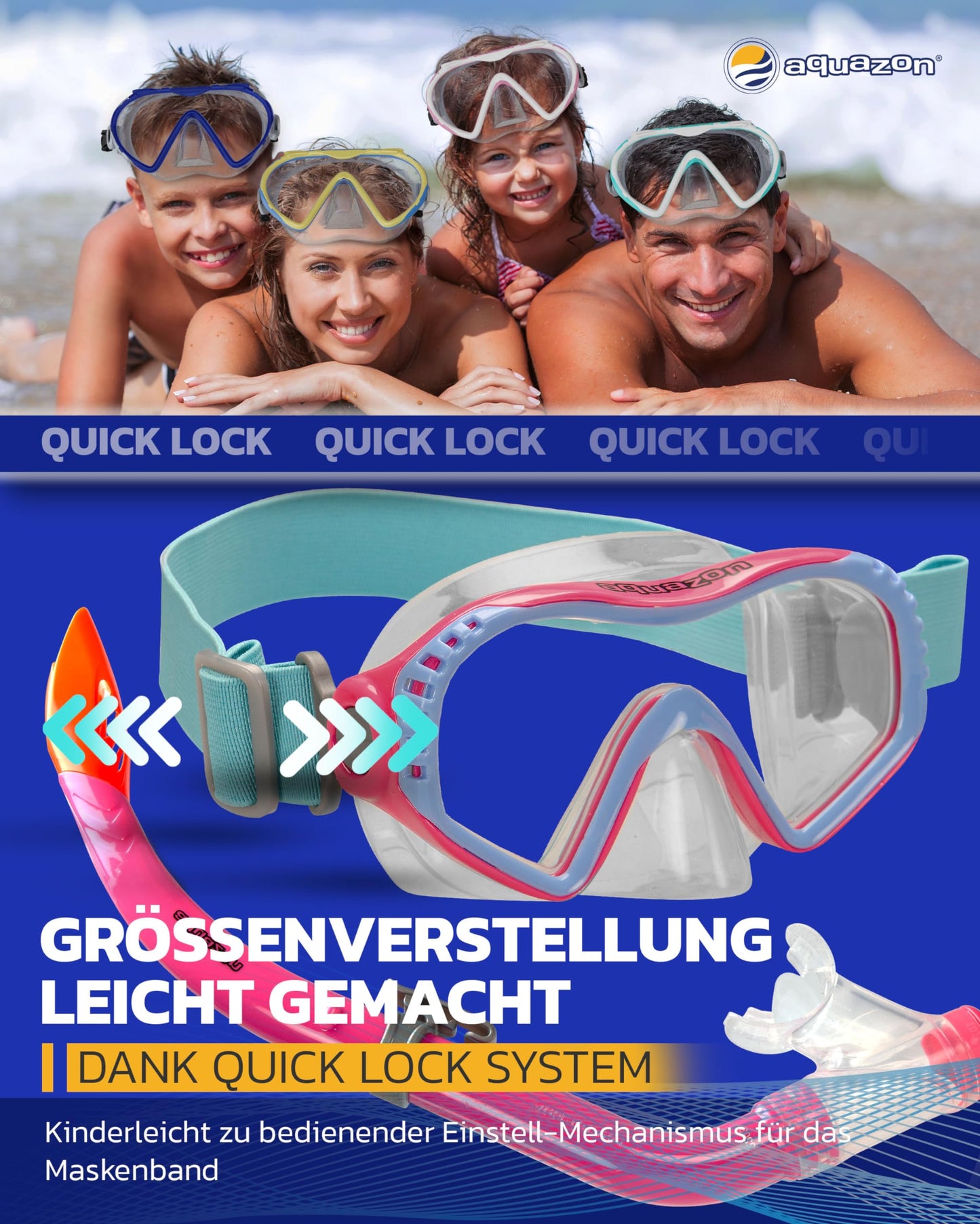 AQUAZON Starfish Kinder Schnorchelset - Taucherbrille mit extra komfortablem Textil Kopfband - 7-12 Jahre - inkl. Schnorchel, superklares temperiertes Glas
