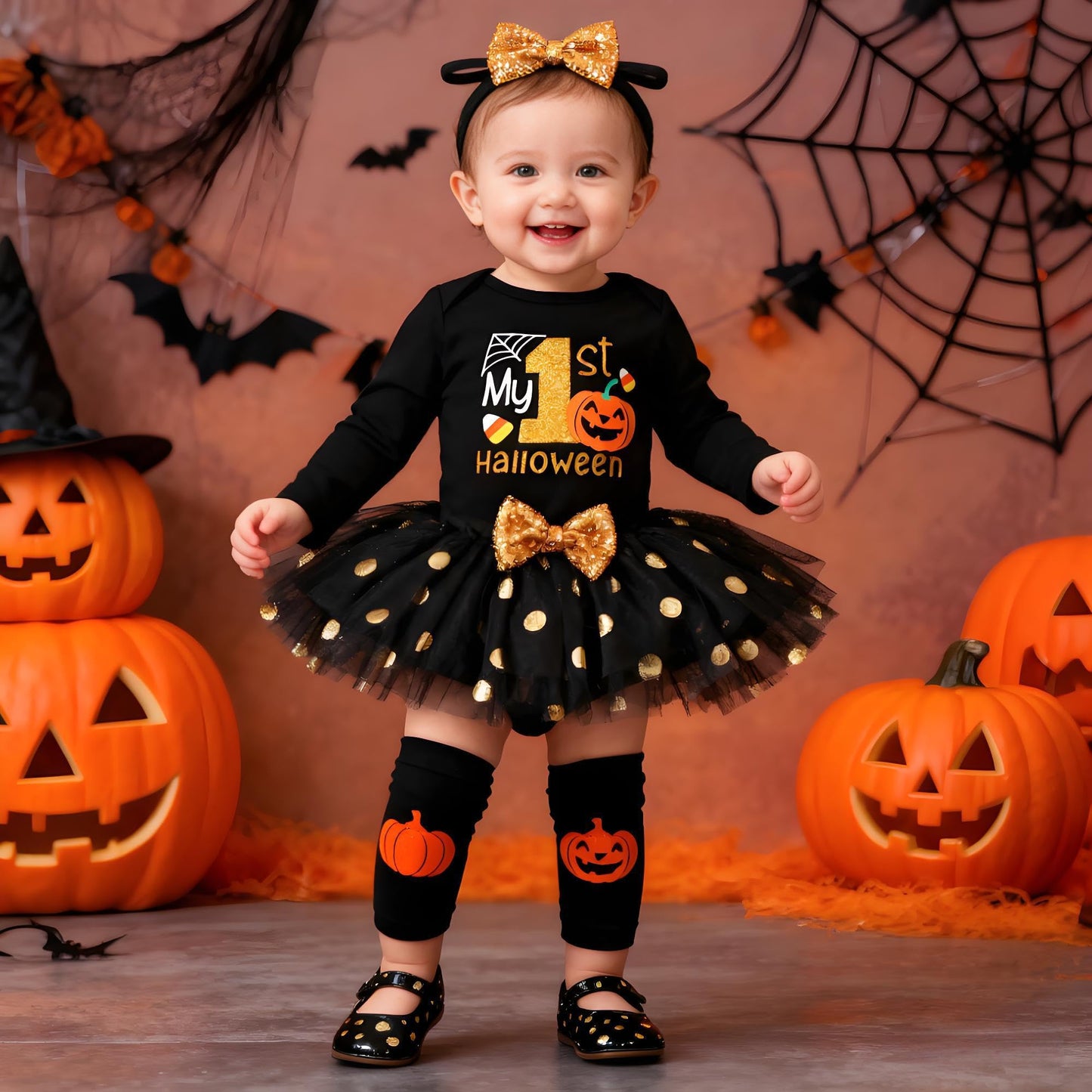 Baby Girl Halloween Outfit, My First Halloween Baby Girl Clothing, Halloween Outfit Baby, Newborn Halloween Baby Pumpkin Romper + Tutu Skirt + Leg Warmer + Headband, Baby Clothing Halloween