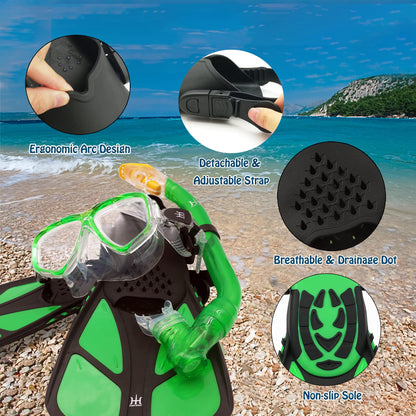 HH HHAO SPORT Children's snorkel set with fins, 180° panorama wide view diving goggles children, adjustable flippers, high-quality diving mask and dry top snorkel