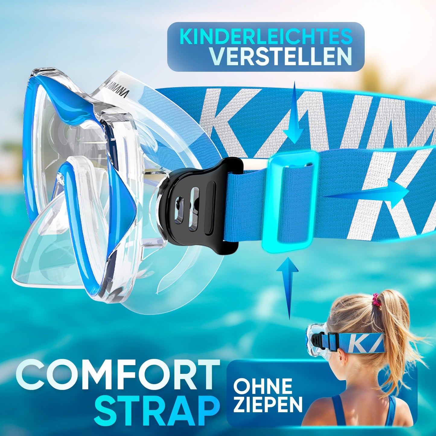 Das Neue KAIMANA® SeaExplorer Schnorchelset Kinder + Tragetasche, Taucherbrille mit Schnorchel, Taucherbrille Kinder, Alternative zur Schnorchelmaske Kinder, Taucherbrille mit Stoffband/Silikonband