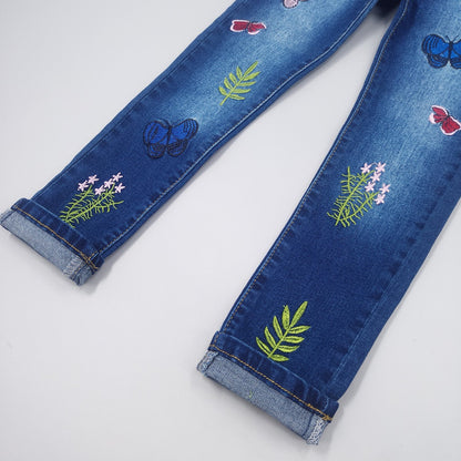 KIDSCOOL SPACE Girls Jeans Split Hem with RAL Edges Elastic Waist in High Elastic Wide Leg Denim Pants