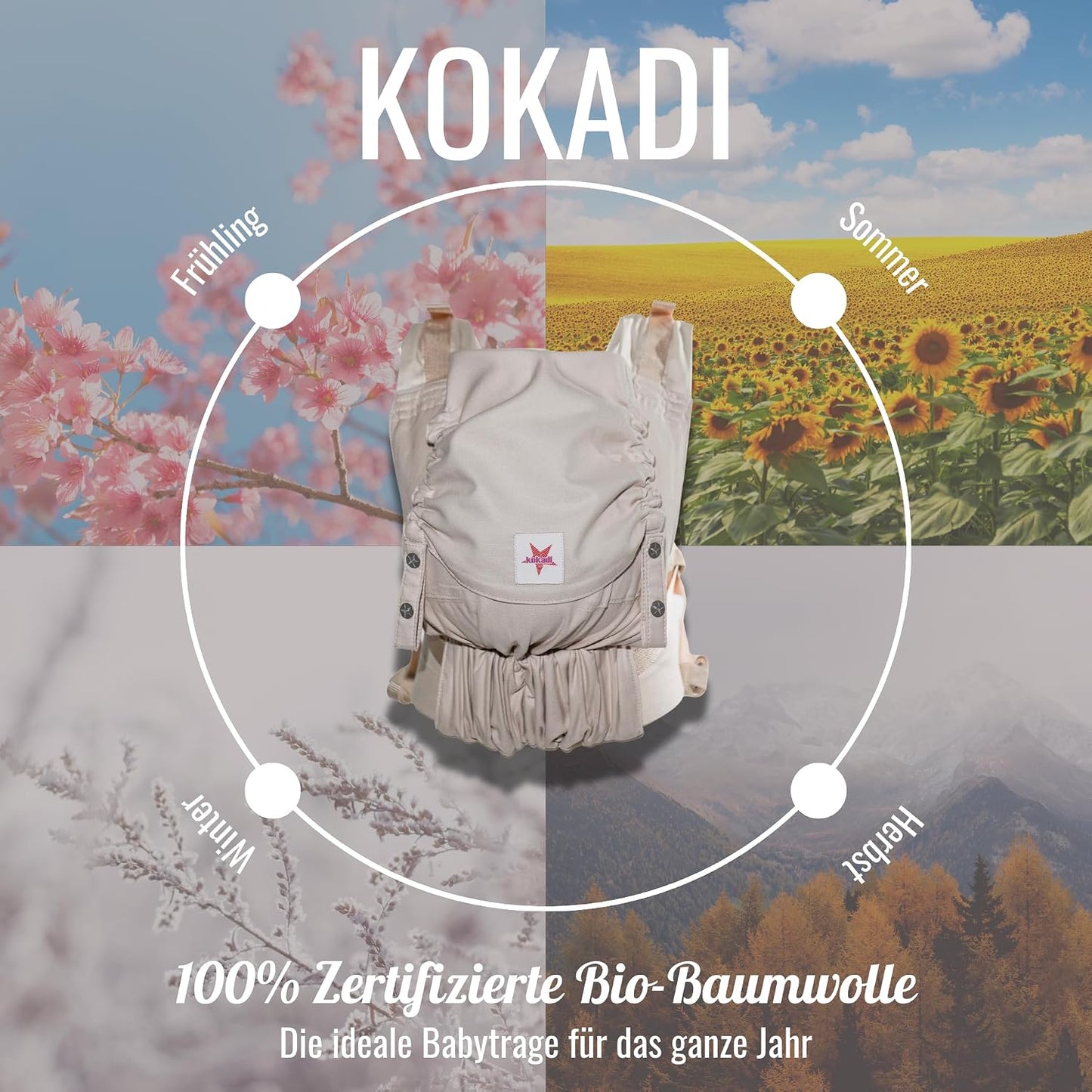 KOKADI Flip X Diorite Stars (Unisize)-Perfekte Kombi aus Fullbuckle & dem Tragen überkreuzt -Ab Geburt - 15 kg,handgefertigt aus 100%Bio-Baumwolle –Ergonomische Babybauchtrage Rückentrage Tragetasche