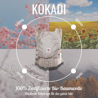 KOKADI Flip X Diorite Stars (Unisize)-Perfekte Kombi aus Fullbuckle & dem Tragen überkreuzt -Ab Geburt - 15 kg,handgefertigt aus 100%Bio-Baumwolle –Ergonomische Babybauchtrage Rückentrage Tragetasche
