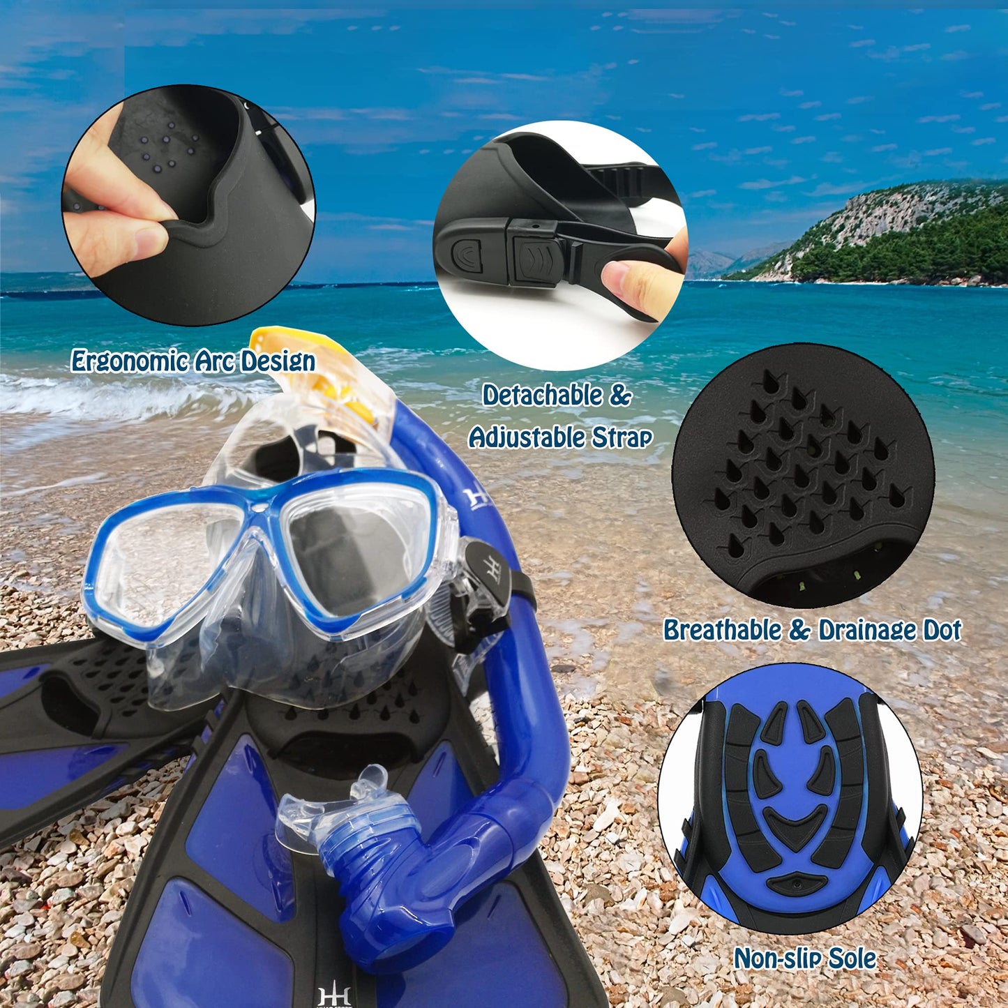 HH HHAO SPORT Children's snorkel set with fins, 180° panorama wide view diving goggles children, adjustable flippers, high-quality diving mask and dry top snorkel